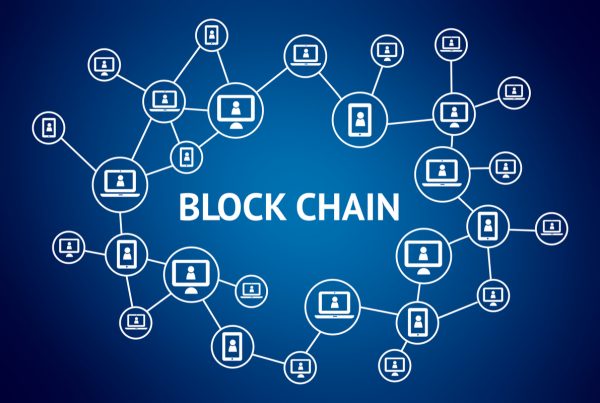 Blockchain network concept , Distributed ledger technology , Block chain text and computer connection with blue background